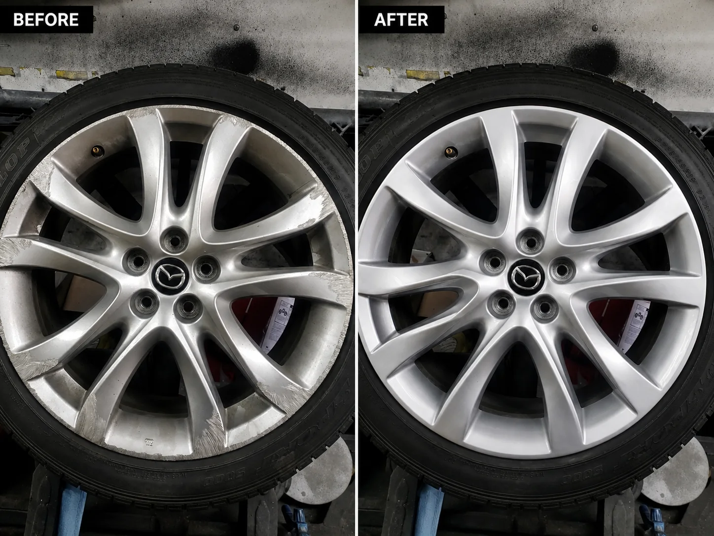 Mazda wheel curb rash repair before and after
