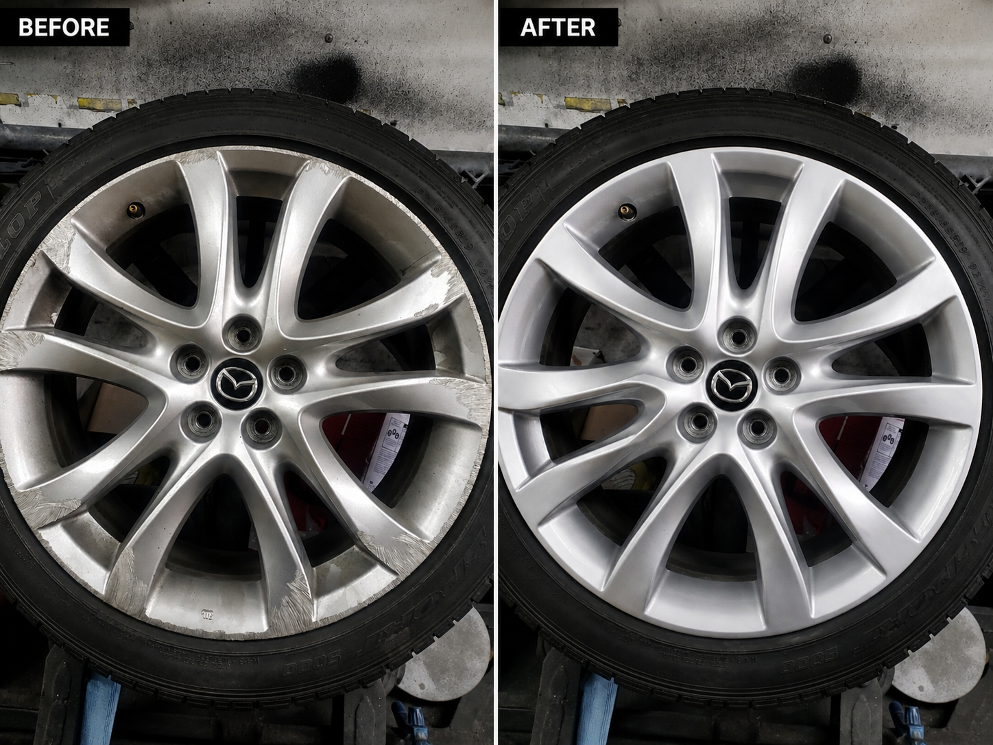 Mazda wheel curb rash repair before and after