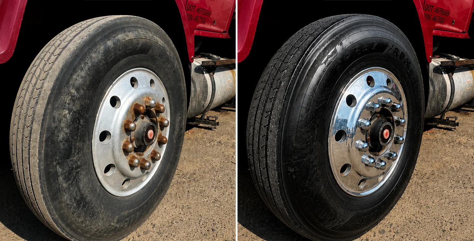 Before and after full cut and polish of a truck wheel