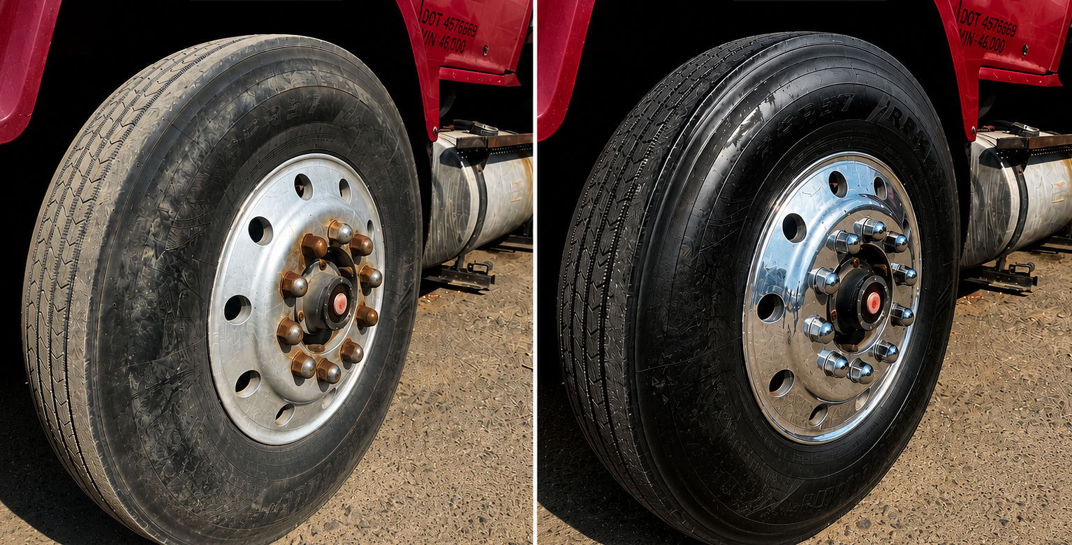 Before and after full cut and polish of a truck wheel